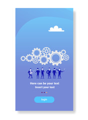 Poster - businessmen team under cog wheel working together brainstorming process strategy concept flat vertical copy space