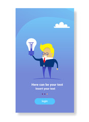 Poster - businessman hold light lamp new idea successful business startup concept business man creative project flat vertical copy space