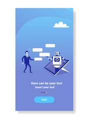 Poster - businessman chatting with chatbot modern robot mobile device application tech support concept artificial intelligence technology flat vertical copy space vector illustration