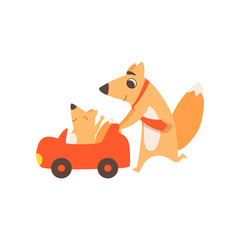 Wall Mural - Loving father fox pushing toy car with her kid, happy family of animals, parenting concept vector Illustration on a white background