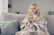 © deagreez - Portrait of nice sweet winsome adorable charming attractive cheerful cheery wavy-haired lady housewife sitting on divan wrapped in cover free time in light white interior room