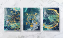 Texture Of Liquid Marble And Yellow Gold. Constellations Of Animals And Zodiac Horoscope. Trend Vector. Printable Business Card, Flyer, Brochure, Flyer, Poster
