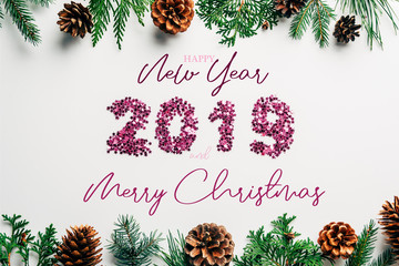 Wall Mural - flat lay with 2019 year sign made of pink confetti, pine tree branches and cones on white background
