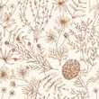 Monochrome seamless pattern with wild blooming meadow flowers and herbs drawn with contour lines on light background. Floral hand drawn vector illustration in vintage style for textile print.