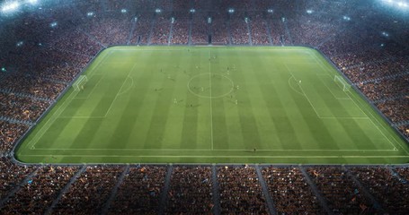 Wall Mural - 4k footage of a soccer stadium with ongoing game at night. The stadium was made in 3d without using existing references. 