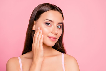 close up portrait of tender cute gorgeous gentle touching perfect facial skin with hand her she girl