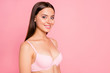 © deagreez - Half turned close up photo of glad gorgeous beautiful tenderness she her woman breast cleavage wearing pale pink bra flawless isolated on rose background