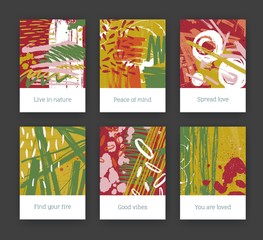 Aufkleber - Collection of flyer, greeting card or poster templates with hand drawn chaotic textures with vibrant paint traces, stains, blotches, scribble. Modern creative vector illustration in grunge style.
