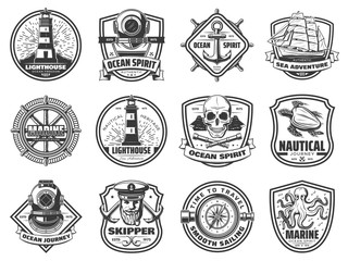 Sticker - Sea anchor, sailing ship and helm. Nautical badges