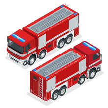 Isometric Red Fire Truck, Vehicle Of Emergency. Firefighters Design Element. Vector Illustration On A White Background.