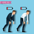 Businessman are walking, tired from working hard and look like he running out of energy by battery above his body.