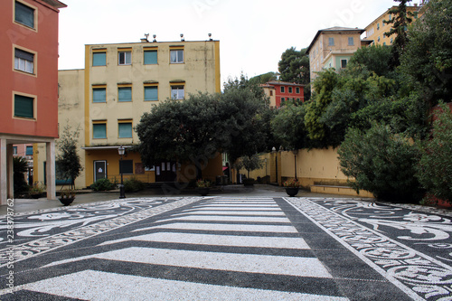 Fotografie, Obraz Piazza con selciato artistico alberi e facciata
