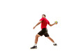 © master1305 - The fit caucasian young male handball player at studio on white background. Fit athlete isolated on white. The man in action, motion, movement. attack and defense concept