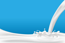 Realistic White Milk Pouring Down And Splash On Blue Background. Vector Illustration Design.