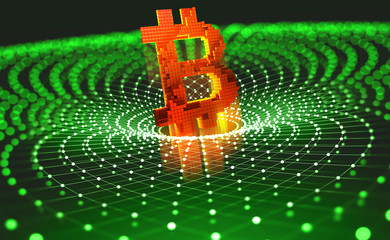 Aufkleber - Bitcoin symbol on polygonal light grid. Concept of cryptocurrency mining. 3D illustration on a technological background
