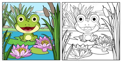 Photographie Cute frog sits on leaf of lily color and outlined linear drawing for coloring on