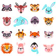 Set of vector animals in cartoon style. Cute smiley pig, panda, beaver, walrus, penguin, elephant, giraffe, llama, raccoon, deer, tiger. Cute animal faces. Hand drawn characters. Vector illustration.