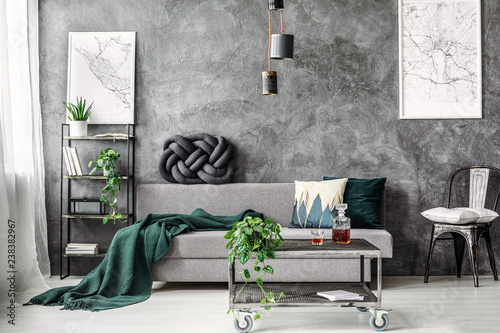 Dark Green Blanket On Comfortable Grey Sofa In Elegant Industrial Living Room With Maps On Empty Wall Buy This