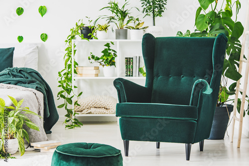 Emerald Green Comfortable Armchair And Pouf In Contemporary