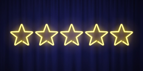 Five yellow neon stars rating design element isolated on blue curtain background. Vector neon star shapes for ranking interface.