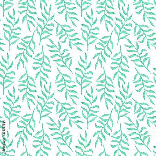 Foto Tender watercolor seamless pattern with emerald leaves and branches on white background