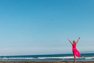 Wall Mural - Young woman in a long red dress and with a glass of wine posing on the sea background.