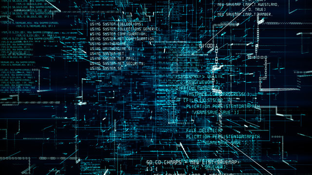 Wall Mural - Futuristic abstract programming blue digital code flythrough. Scientific technology data binary network 3D illustration. Connection, blockchain and internet concept. 4K