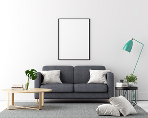 Mock Up Poster Frame Living Room Interior Background - 3d Render, 3d Illustration