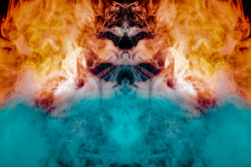 Figure tunnel in the fire, with orange, blue and red flames, depicted puffs of smoke evaporating curls on a dark black background. Mystical image for wallpaper.