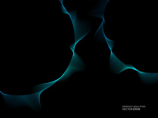 Wall Mural - wave circle line and curve pattern flowing in blue green color isolated on black background. vector 