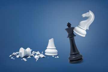 Wall Mural - A white chess knight hits a black king near an already broken white king figurine.