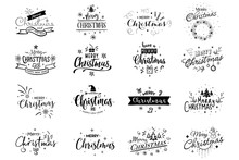 Set Of Merry Christmas And 2019 Happy New Year Card, Sticker Set Quotes With Snowflakes, Snowman, Santa Claus, Candy, Sweet Candy, Cookies. Vector. Vintage Typography Design For Xmas, New Year Emblem