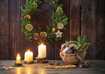 Wall Mural - Christmas decoration on old wooden background