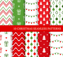 Ten Christmas Different Seamless Patterns. Xmas Endless Festive Texture For Wallpaper, Web Page Background, Wrapping Paper And Etc. Retro Style. Zigzags, Gifts, Snow, Christmas Lights, Balls And Trees