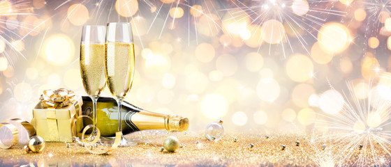Wall Mural - new year celebration with champagne and shiny decoration