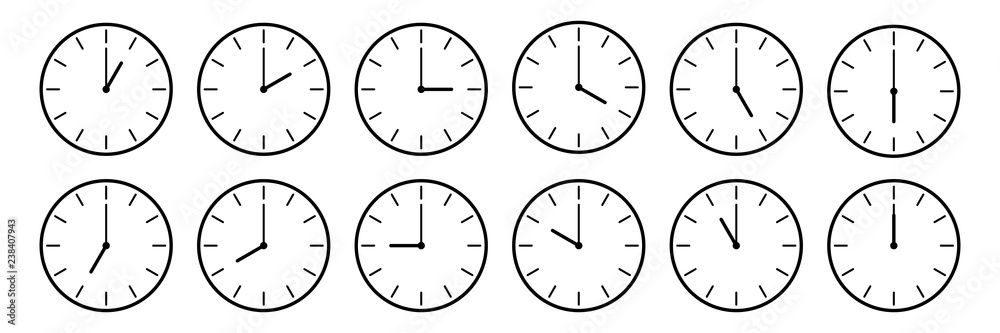 horizontal set of analog clock icon notifying each hour isolated on white,vector illustration - obrazy, fototapety, plakaty 