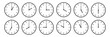 horizontal set of analog clock icon notifying each hour isolated on white,vector illustration