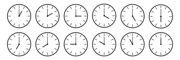 horizontal set of analog clock icon notifying each hour isolated on white,vector illustration