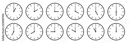 Fotomural horizontal set of analog clock icon notifying each hour isolated on white,vector