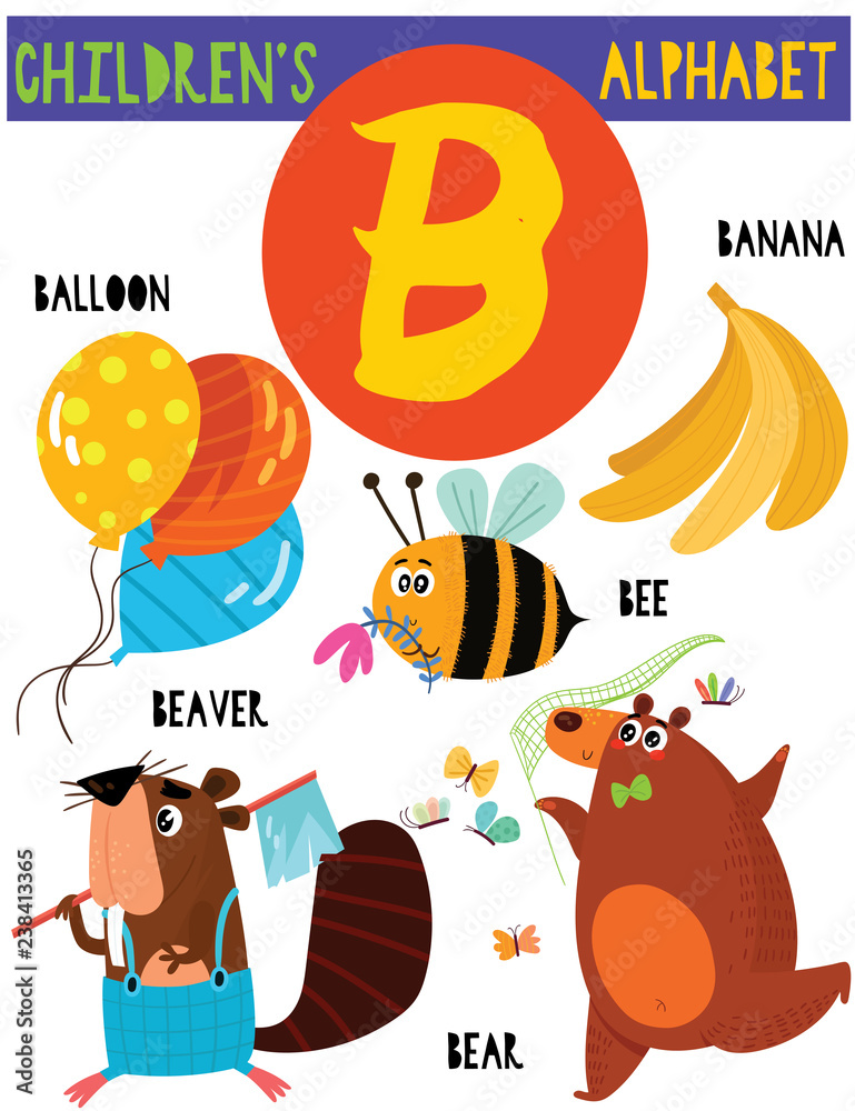 Letter B.Cute children's alphabet with adorable animals and other ...
