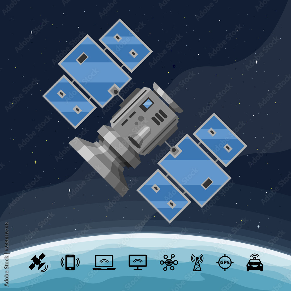 Flat vector isolated concept of artificial satellite on a space ...