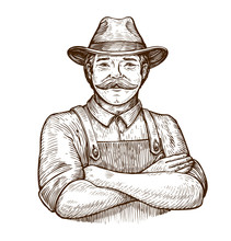 Happy Farmer In The Hat. Vintage Sketch Vector Illustration