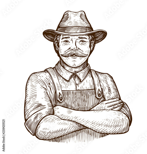Fotografía Happy farmer in the hat. Vintage sketch vector illustration