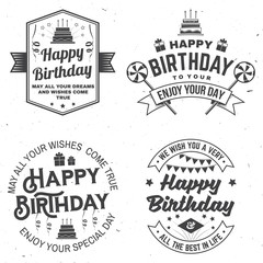 Wall Mural - Set of Happy Birthday templates for badge, sticker, card with bunch of balloons, gifts, serpentine, hat and birthday cake with candles. Vector. Vintage design for birthday celebration