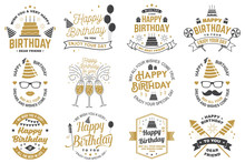 Set Of Happy Birthday Templates For Overlay, Badge, Card With Bunch Of Balloons, Gifts, Firework Rockets And Birthday Cake With Candles. Vector. Vintage Design For Birthday Celebration