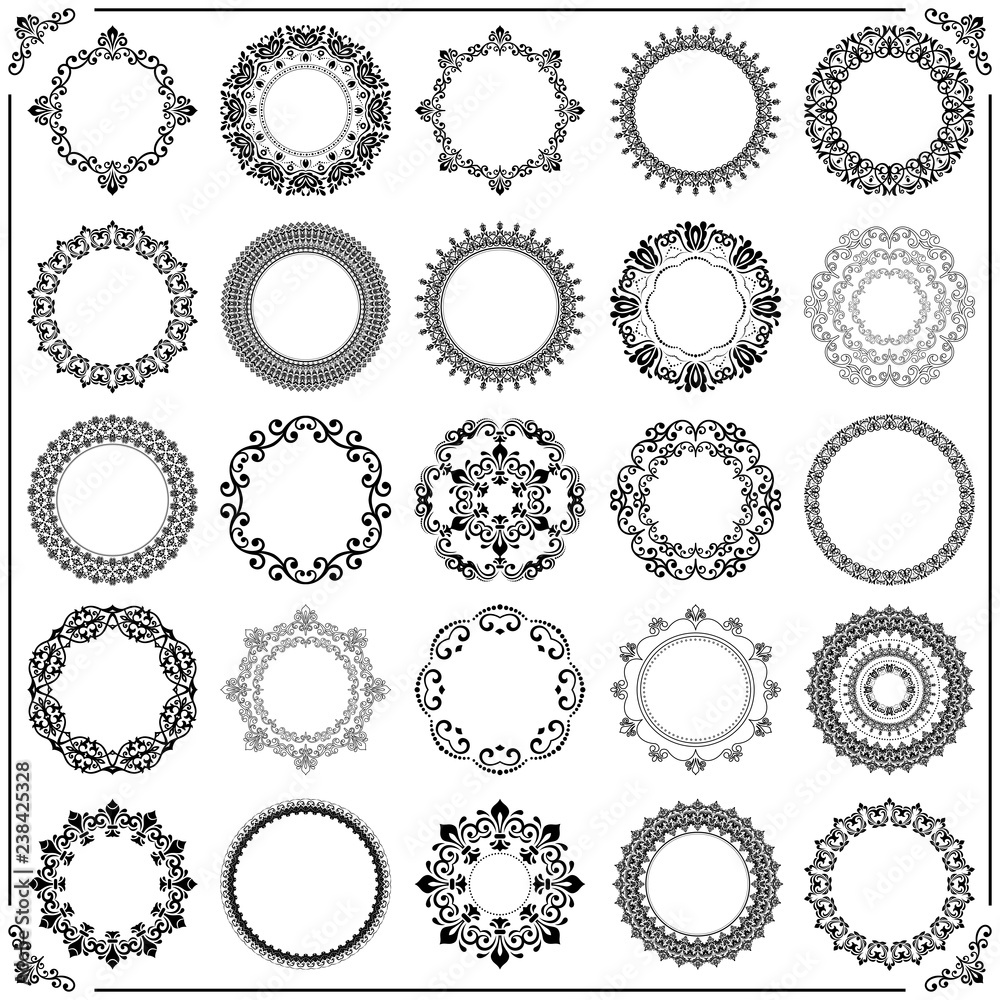 Vintage set of vector round black elements. Different elements for ...