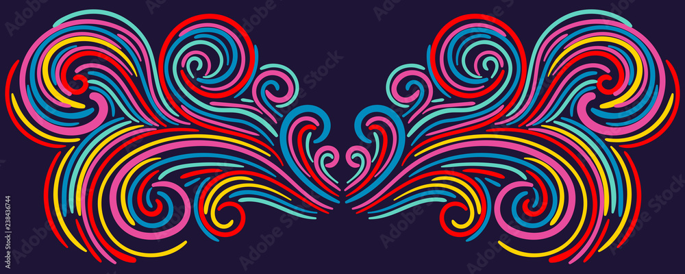 Colorful abstract curly element for design, swirl, curl. Divider, frame isolated on dark background. Vector illustration. - obrazy, fototapety, plakaty 