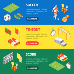 Wall Mural - Soccer Sport Game Signs 3d Banner Horizontal Set Isometric View. Vector