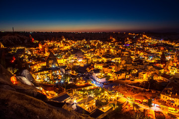 Illuminated at night streets of Goreme, Turkey, Cappadocia.