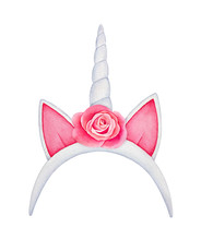 Unicorn Headband With Horn, Cute Funny Ears And Beautiful Rose Flower. Hand Painted Watercolour Graphic Drawing On White Background, Cutout Clip Art Element For Design, Decoration, Creative Collages.